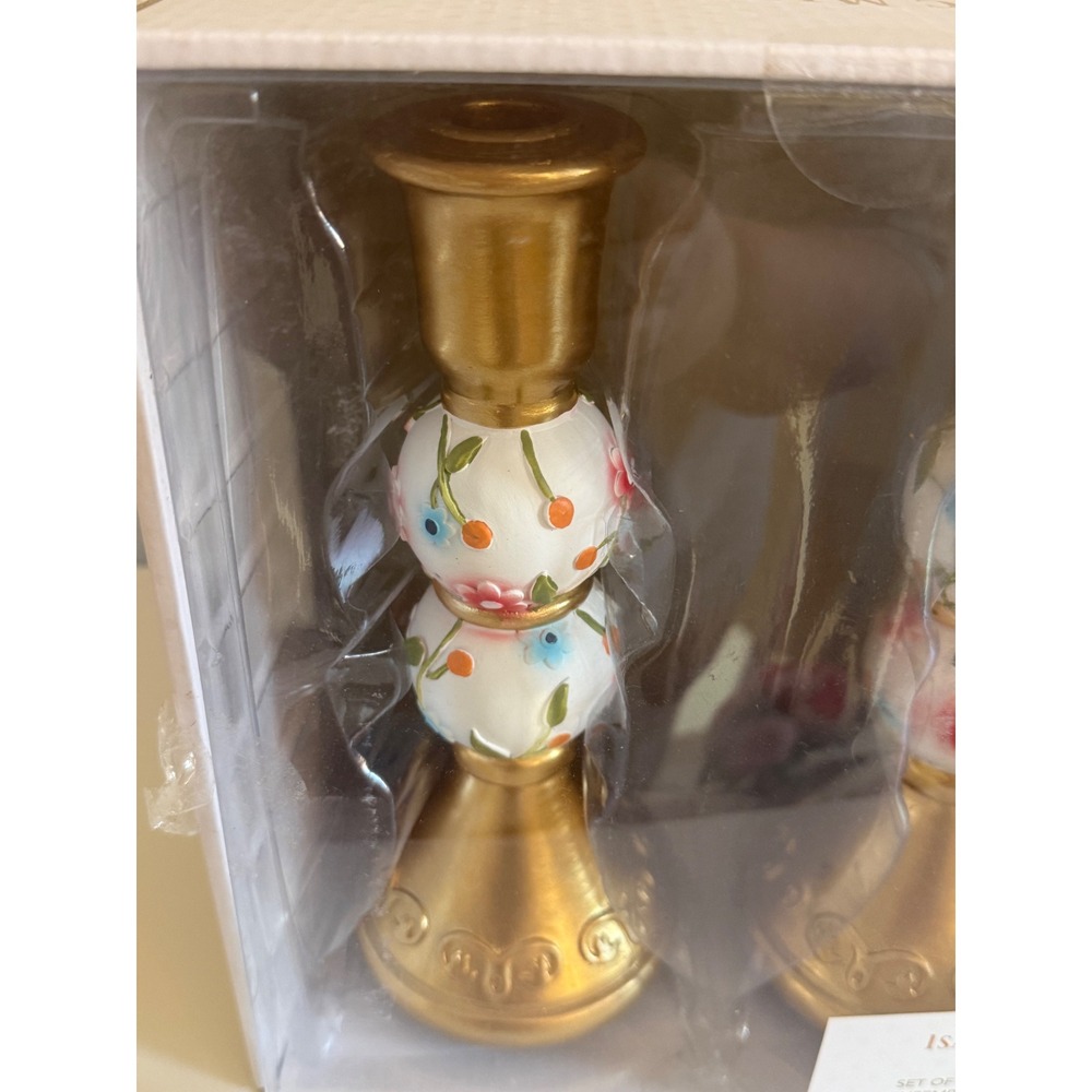 Isaac Mizrahi New York Floral Gold Candle Holders Set of 2 Taper Stands - Picture 2 of 8